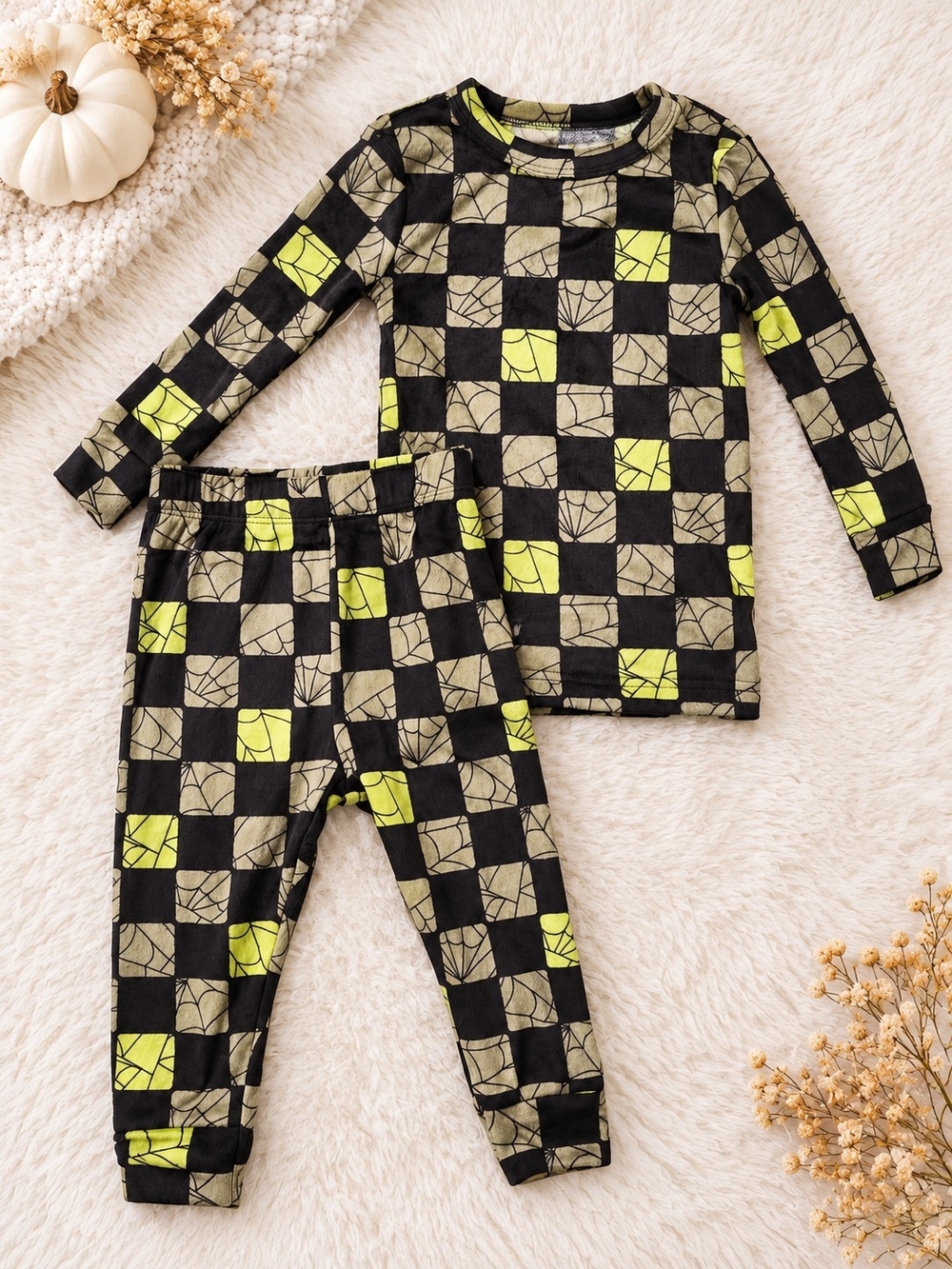 Cat & Jack 18M Halloween Spiderweb Checkered Pajama Set NWOT